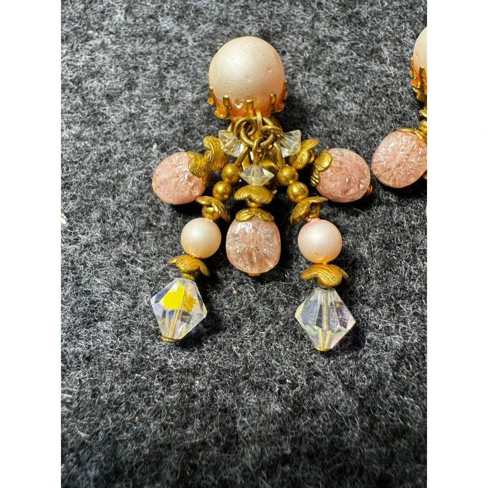 Vintage Pink Crackle Glass Faux Pearl Crystal Chandelier Clip On Earrings Gold